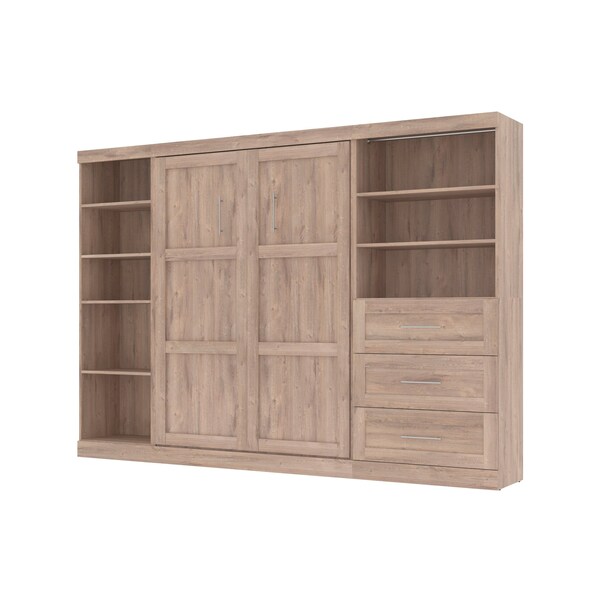 Pur Full Murphy Bed with Shelving and Drawers (120W) in rustic brown